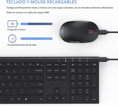 Vista 3 de Teclado y mouse inalámbricos, Vssoplor 2.4GHz recargables, combo compacto silencioso de tamaño completo con receptor Nano USB para Windows, laptop