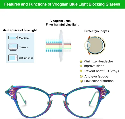 Vista 3 de VOOGLAM Gafas de bloqueo de luz azul ojo de gato con estilo para mujer, antifatiga ocular, gafas UV Chuchin
