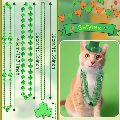 Vista 4 de JULBEAR 30 piezas de collares del Día de San Patricio, collares de cuentas metálicas verdes de trébol de trébol para suministros de fiesta de Mardi