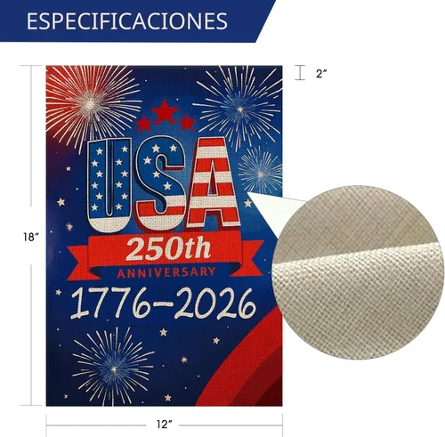 Vista 3 de Bandera de jardín de 250 años de Estados Unidos, pancarta de 250 aniversario con diseño de fuegos artificiales, letrero patriótico del 4 de julio