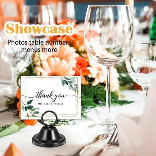 Vista 6 de 20 soportes para números de mesa, soportes de metal circulares con nombre base, clips de menú para boda, fiesta, recepción, soportes de fotos