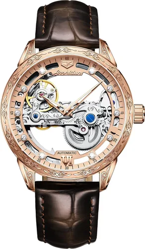 Vista 2 de Relojes de cuero de esqueleto para hombre, vestido de lujo automático, mecánico, automático, impermeable, luminoso, relojes de pulsera