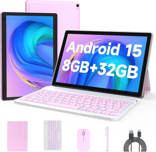 Vista 9 de Tablet Android 15 de 10 pulgadas, Tabletas 2 en 1 con Funda para Teclado Ratón Lápiz Óptico, 6GB RAM 32GB ROM 1TB Expandible, Procesador Quad Core