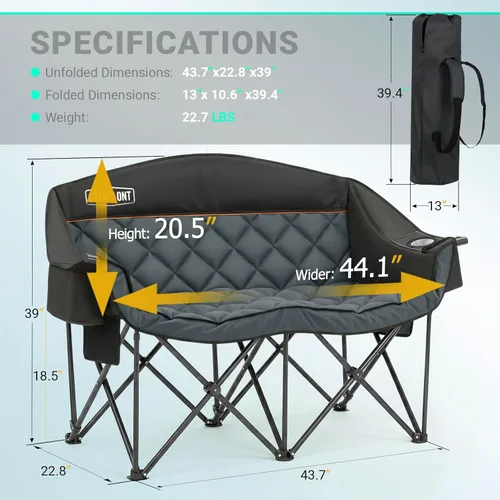 Vista 2 de Overmont Silla de camping doble de gran tamaño, plegable portátil con bolsa Loveseat Negro