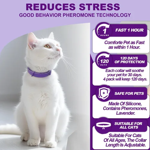 Vista 3 de Collar calmante para gatos, collar calmante para gatos, paquete de 4 collares de feromonas para gatos, ajustable de 15 pulgadas, alivio del estrés