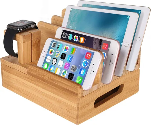 Vista 9 de Estación de carga de escritorio multidispositivo de madera de bambú Soporte de cargador compatible con iPhone 16 15 14 13 12 11 Pro Max iPad mini