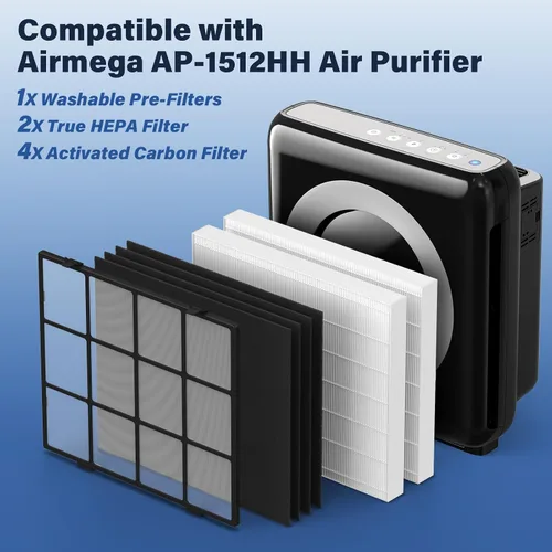Vista 2 de AP-1512HH - Filtro de repuesto para Coway Airmega AP1512HH, purificadores de filtro de aire de 656.2 ft, parte # 3304899, 1 prefiltro lavable, 2