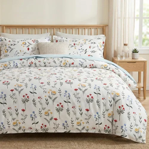 Vista 22 de Juego de edredón floral azul tamaño Queen, juego de ropa de cama botánica azul 100% algodón, edredón suave transpirable de 3 piezas y 2 fundas
