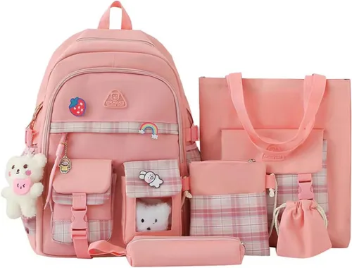 Vista 8 de Juego de 5 mochilas estéticas con alfileres y colgante, tamaño grande, estilo japonés kawaii, para la universidad, mochila para computadora Negro