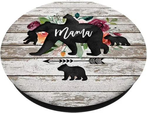 Vista 2 de Mama Bear Cuatro Cubitos Rústico Barn Madera Watercolor Floral - PopSockets Grip y Stand para Teléfonos y Tabletas, Negro