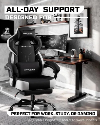 Vista 3 de GTPLAYER Sillas de juegos para adultos, asiento ergonómico grande y alto para juegos con reposapiés y soporte lumbar, cómoda silla de oficina