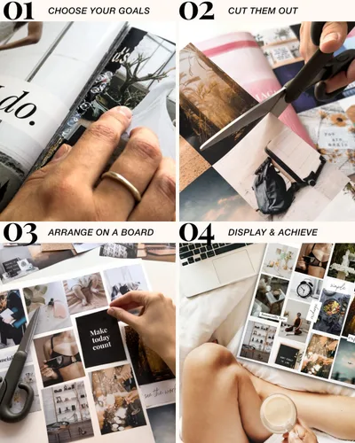 Vista 4 de Libro de tablero de visión para mujeres - Más de 1000 imágenes diversas, citas, ejercicios de autodescubrimiento Kit completo de suministros
