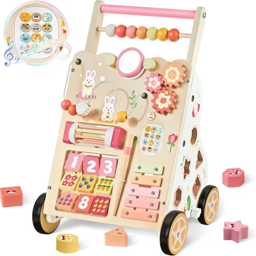 Vista 8 de Andador de madera para bebés, Montessori Push Walker para niños pequeños que aprenden el descubrimiento Multicolor