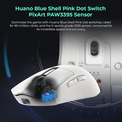 Vista 6 de TECWARE EX1 - Mouse ligero para juegos Mouse inalámbrico de 26 K DPI con pantalla OLED Diseño ultraligero de 2.08 oz Base de carga RGB Blanco
