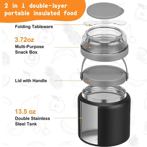 Vista 10 de JXXM Tarro de comida aislado 2 en 1 para niños, termo de sopa de 13.5 onzas con contenedor de aperitivos, termo para alimentos calientes