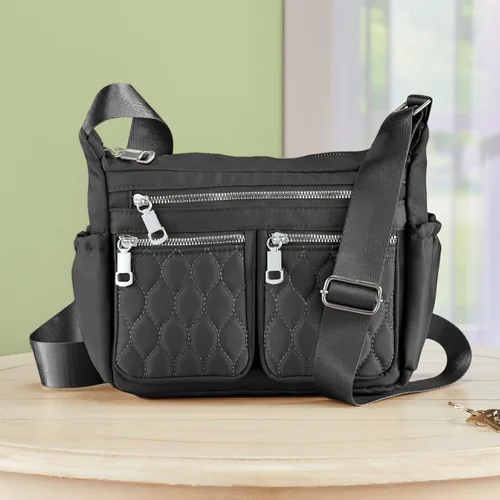 Vista 2 de Collections Etc Bolso cruzado ajustable con múltiples bolsillos con cremallera, Negro