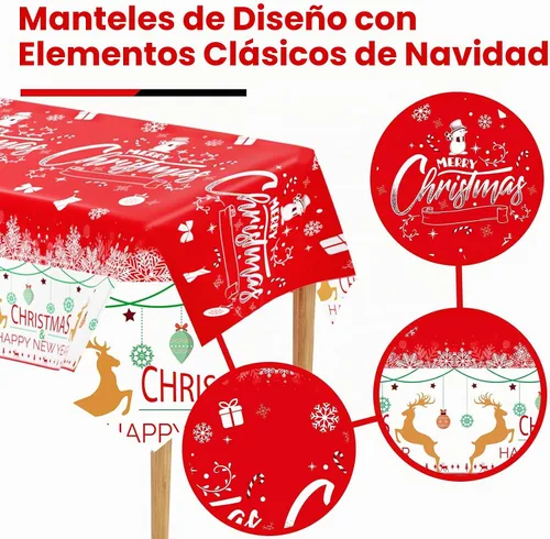Vista 3 de Paquete de 3 manteles navideños desechables de plástico, manteles de mesa navideños rectangulares rojos para fiestas, con estampado de árbol