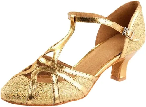 Vista 4 de Hbeylia Vintage Dress Pump Sandals Shoes for Women Ladies Glitter Sequin Round Toe Chunky Mid Heels Cross Ankle Strap Dressy Ballet Flats Retro