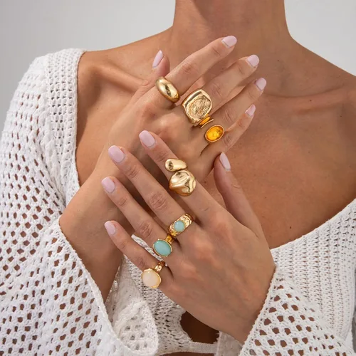 Vista 4 de Anillos gruesos para mujer, apilables, vintage, ajustables, para mujer, juego de anillos dorados con piedra llamativa, no se deslustra, joyería