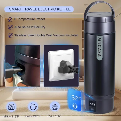 Vista 6 de Hervidor eléctrico portátil con aislamiento al vacío, vaso de acero inoxidable Miicasa, hervidor eléctrico pequeño, caldera de agua de viaje con 6