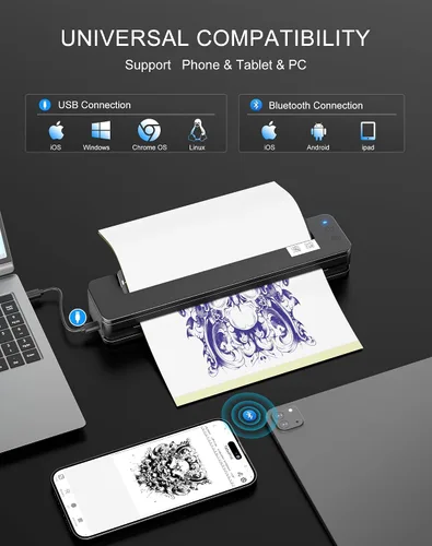Vista 4 de RHEIN Impresora de plantillas de tatuajes T106Z-US Impresora térmica inalámbrica 2500mAh 300 dpi A4 papel de transferencia de tatuajes 10 piezas