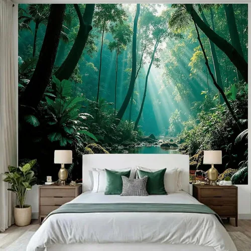 Vista 3 de Atrippy Tapiz verde de naturaleza forestal para dormitorio, paisaje brumoso, telón de fondo para colgar en la pared, mural de pared grande, tapices