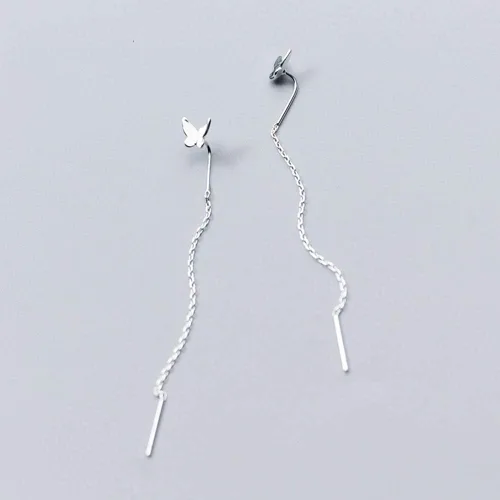 Vista 3 de Aretes colgantes minimalistas de plata de ley S925 con borla de mariposa para mujeres y niñas, lindo enhebrador simple, cadena larga, aretes