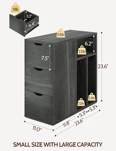 Vista 3 de Mesa auxiliar estrecha con 3 cajones, mesa auxiliar de madera con estantes de almacenamiento para sala de estar, mesa auxiliar delgada para sofá