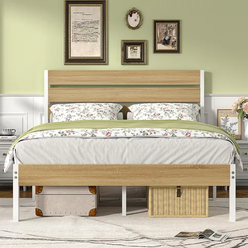 Vista 12 de VECELO Base de cama tamaño individual, plataforma de metal resistente con cabecera de madera, no necesita somier, color marrón antiguo