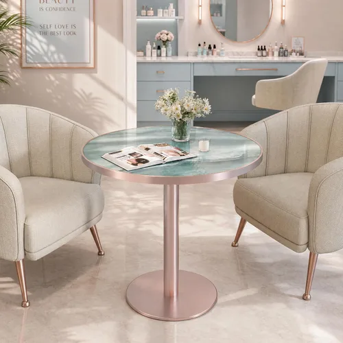 Vista 9 de Mesa de tulipán de 31.5 pulgadas, mesa de comedor redonda con mesa de Aqua Jade (oro rosa)