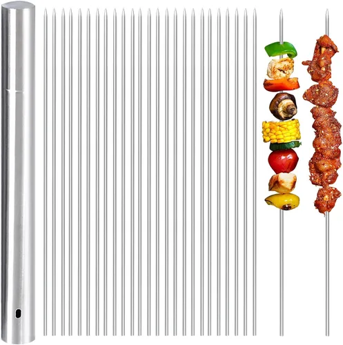 Vista 8 de Brochetas de metal para parrilla, paquete de 50 brochetas de 14.8 pulgadas, brochetas planas para barbacoa, juego de brochetas reutilizables