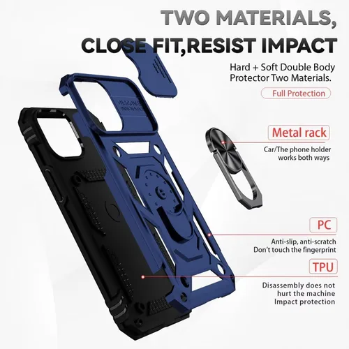 Vista 3 de Funda para iPhone 13 Pro Max de 6.7 pulgadas con protector de pantalla de vidrio templado y cubierta para cámara deslizante, anillo magnético Azul