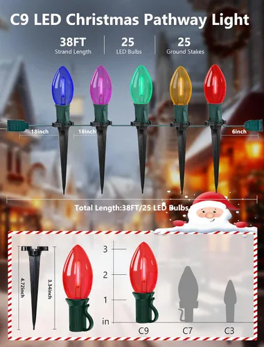 Vista 2 de 11.58m luces LED multicolor para camino de Navidad, 25 luces multicolor extensibles resistentes al clima para camino de Navidad con bombillas LED C9
