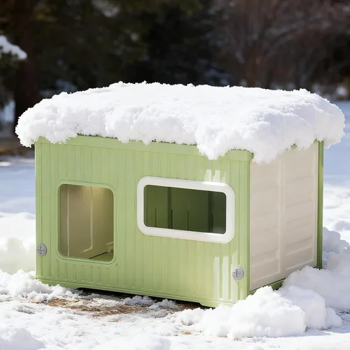 Vista 7 de Casa resistente a la intemperie para gatos al aire libre con ventanas, refugio elevado de plástico impermeable para gatos, casa para mascotas