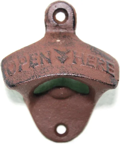 Vista 2 de Juego de 6 abridores de botellas de hierro fundido "Open Here" con aspecto vintage