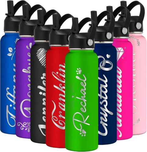 Vista 15 de Botella de agua grabada personalizada aislada con pajilla, botella de agua deportiva personalizada con nombre, botella de agua de acero inoxidable