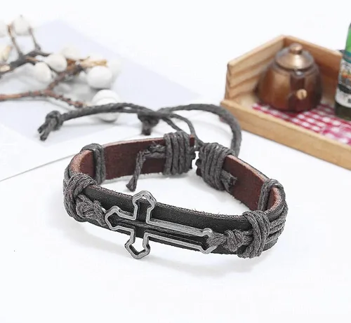 Vista 6 de brazalete negro con forma de cruz de cuero genuino para hombre