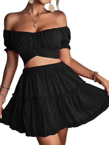 Vista 4 de LYANER Conjunto de 2 piezas para mujer con estampado floral y hombros descubiertos y minifalda