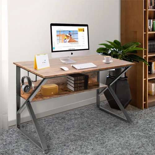 Vista 2 de Escritorio de computadora, escritorio de oficina, mesa de PC de 47 pulgadas, grano de madera rústica industrial con estante de almacenamiento con 4