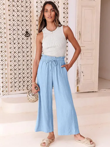 Vista 2 de ANRABESS Pantalones de lino para mujer, estilo casual, holgados, cintura alta, cordón de pierna ancha, pantalones capri palazzo con bolsillos