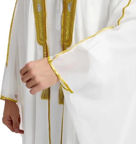Vista 5 de Abaya Dubai Jalabiya Thobe Muslim Ramadan Robe Arab Camisa Abaya Hombres Bordado Gasa Cubierta Blanco