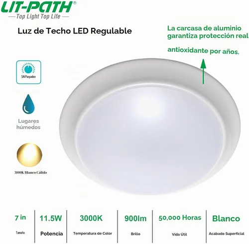 Vista 2 de LIT-PaTH lámpara LED de techo de montaje empotrado, regulable, 7 pulgadas, 11.5 W, 900 lúmenes, carcasa de aluminio más cubierta de PC 3000k