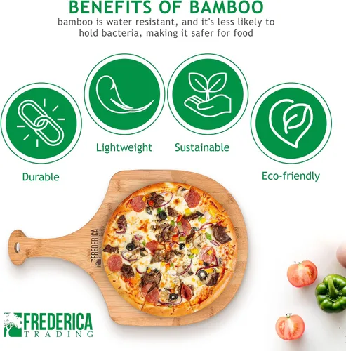 Vista 4 de Pala de madera de bambú prémium para pizza y tabla de cortar con mango (para hornear pizza, pan, cortar frutas, verduras, queso) – Tamaño personal