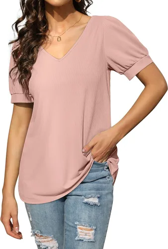 Vista 3 de OFEEFAN T Shirts for Women V Neck Summer Tops Puff Sleeve Loose Fit Basic Casual