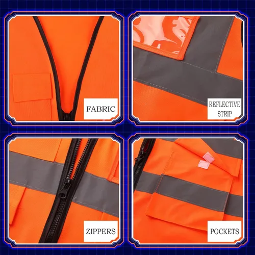 Vista 4 de Funtery Chaleco de caza naranja de alta visibilidad, chaleco de caza con cremallera y bolsillo, ropa de construcción con rayas reflectantes