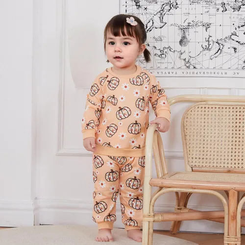 Vista 2 de Conjunto de sudadera de calabaza floral de manga larga para bebé niña, conjunto de pantalones de Halloween, ropa de otoño