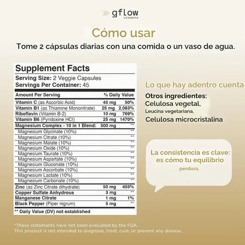 Vista 7 de gflow vitamins Suplemento complejo de magnesio – 10 formas activas, glicinato, citrato, malato, óxido, taurato, aspartato, gluconato, ascorbato