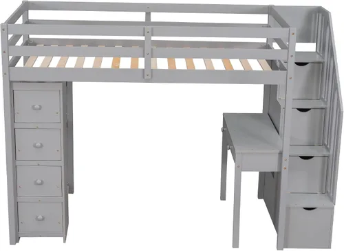 Vista 6 de DEINPPA Cama tipo loft de tamaño individual con escritorio integrado y 5 cajones de almacenamiento, cama alta de madera con escaleras de Gris