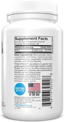 Vista 5 de Portions Master Biotina Vitamina B 10,000mcg - 90ct Cápsulas Vegetales - Cabello y Piel y Uñas Apoyo