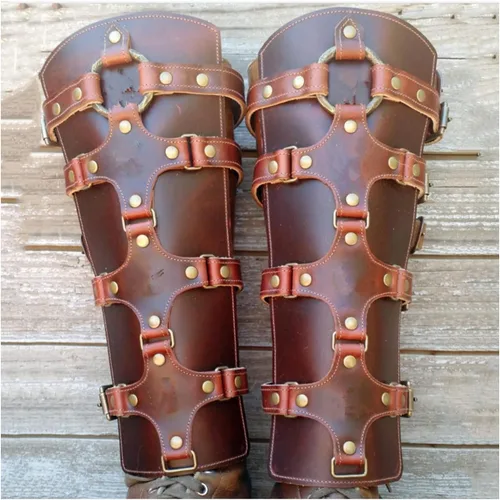 Vista 4 de NA - Armadura de piel sintética vintage para piernas, medieval, ajustable, vintage, hebilla de zapato, caballero vikingo, renacentista, funda